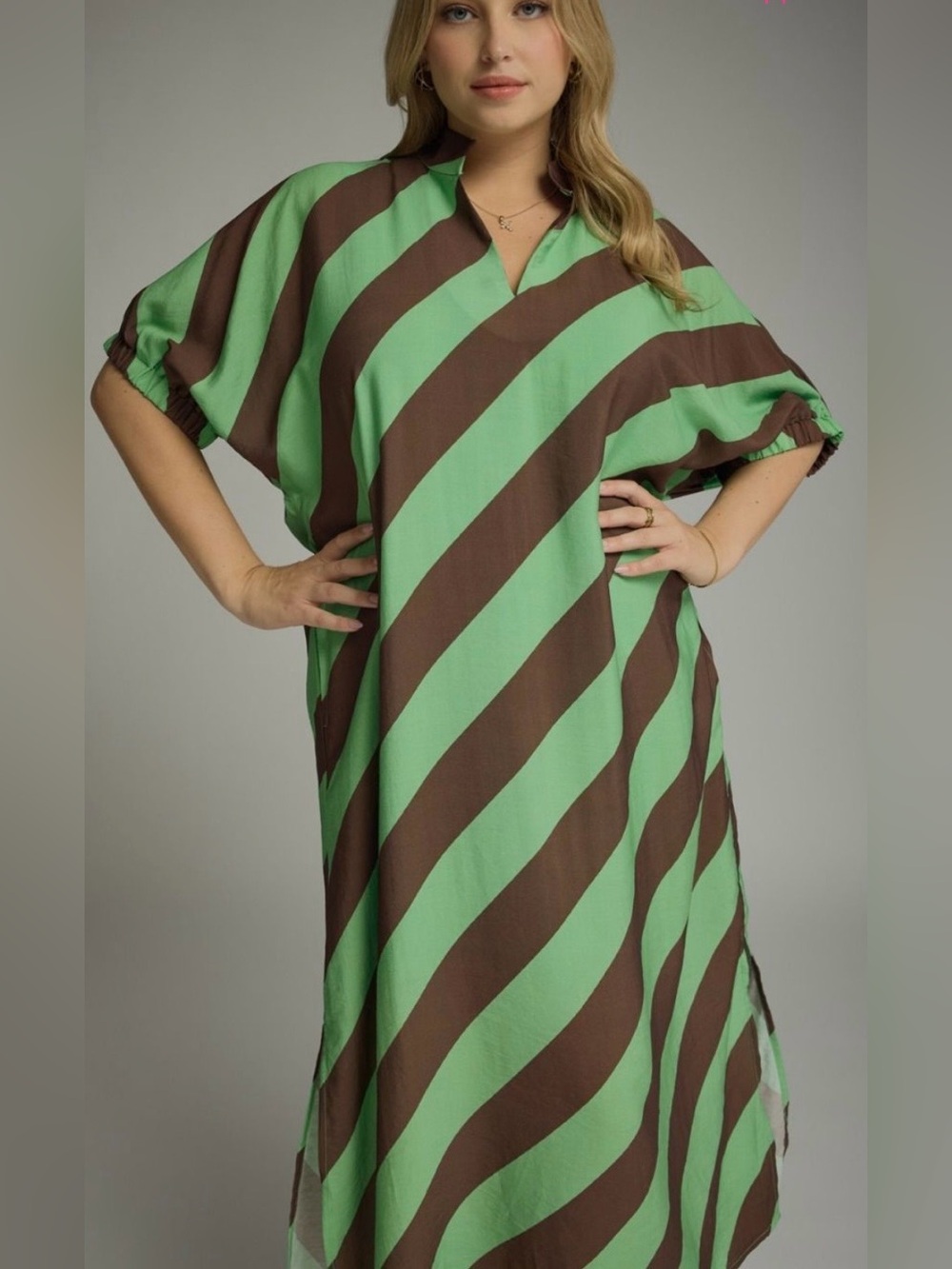 New!Entro Boutique Green & Brown Pocket Diagonal Stripe Midi Dress Size XLarge - Picture 5 of 10